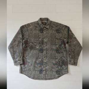 Vintage‎ Eddie Bauer Canvas Hunter Western Pioneer Print Button Down Shirt